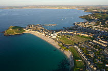 Aerial views of coasline at St Ives and Porthmeor Beach, Cornwall, UK