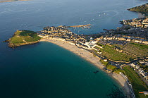 Aerial views over St Ives and Porthmeor Beach, Cornwall, UK