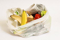 Biodegradable cornstarch bag with kitchen waste products ready for the compost heap, UK