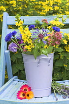 Cut flowers in bucket on garden seat, UK