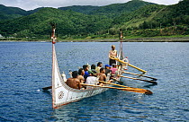 Traditional ten-man hand-made plankboat or Cinedkeran with crew of Tao people, Orchid Island, Taiwan. 2007