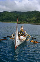 Traditional ten-man hand-made plankboat or Cinedkeran with crew of Tao people, Orchid Island, Taiwan 2007