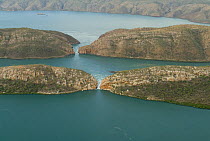 Aerial view of the horizontal waterfall, located within Talbot Bay in the Buccaneer Archipelago. Derby, Western Australia