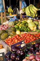 Stall with fruit and vegetables for sale, Bakau market, Gambia, 2007