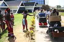 Traditional dance troupe performing for tourists arriving at Banjul international airport, Gambia, 2007