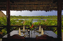 Restaurant with view over the lake at the Napo Wildlife Centre Lodge, Añangu Lake, Yasuni National Park, Amazonia, Ecuador