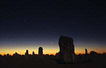 Pinnacles Desert at dusk, thousands of huge limestone pillars rise out of a stark landscape of yellow sand, Nambung NP, Western Australia