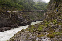 Rope bridge across Yarlung gorge, Tibet, May 07. 'Wild China' series