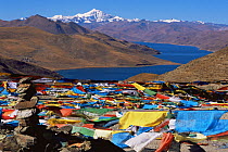 Stone pile and prayer flags at Yamdrok Lake, Tibet 2007