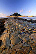Causeway out to St Michaels Mount exposed at low tide, Cornwall, UK.