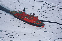 Aerial view of the Russian nuclear icebreaker "Yamal" travelling through ice on its way to the North Pole, July 2007