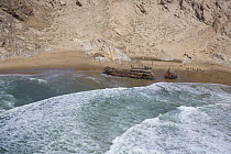 Aerial view of a shipwreck on the Skeleton Coast, Namibia