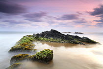 Rocks covered with seaweed at low tide, Playa (beach) de los Negretes, Calblanque, La Manga, Murcia, Spain - long time exposure
