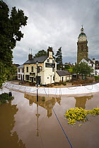 Temporary flood barriers erected around a pub at Upton-on-Severn, Worcestershire, June 2007
