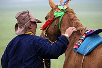 Mongolian man and his horse at the annual Nadam festival, Inner Mongolia, Northern China. June 2006, BBC "Wild China" series