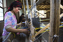 Woman silk weaving on a wooden loom at Hotan (Hetian), a town along the ancient Silk Road. Xinjiang Province, North-west China. July 2006, BBC ^Wild China^ series