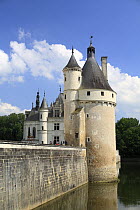 Bridge, moat and towers at the Castle of Chenonceaux in the Loire Valley, France