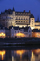 Castle of Amboise lit up at dusk, Loire Valley, France