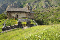 Romanesque hermitage at Alendo in the Pyrenees mountains, Catalonia, Lerida, Spain