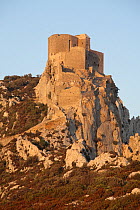 Cathar Castle of Quéribus preched on a rocky outcrop, France