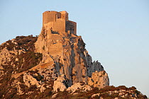 Cathar Castle of Quéribus preched on a rocky outcrop, France