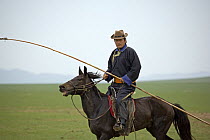 Mongolian nomad rounding up his horses in Inner Mongolia. June 2006,