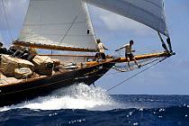 Bow of "Aschanti IV", Aschanti Ltd's Henry Gruber Staysail Schooner druing Antigua Classic Yacht Regatta, Race 2, April 19, 2008.