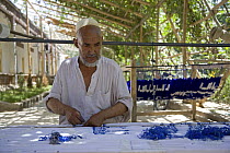A man dyeing raw silk fibres using natural dyes and traditional methods. Hotan City, on the old Silk Road south of the Taklamakan Desert, Xinjiang Province, north-west China. July 2006