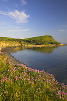 Dorset coast at Kimmeridge with Thrift flowering in the forground and Clavel Tower in the background, Purbeck, Dorset, UK