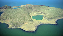 Aerial view of a crater lake in Central Island in Lake Turkana, Northern Kenya
