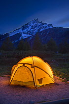 Campsite at twilight, Jenny Lake Campground, Grand Teton National Park, Wyoming, USA