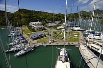 Aerial view from the mast of SY "Adele", 180 foot Hoek Design, docked in English Harbour, Antigua, January 2006.