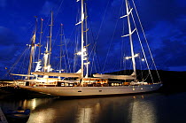 SY "Adele", 180 foot Hoek Design, moored at dusk in Nelson's Dockyard, Antigua, January 2006. Non editorial uses must be cleared individually.