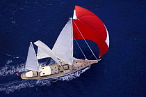Aerial view of SY "Adele", 180 foot Hoek Design, underway just off the Antigua coast, January 2006. Non editorial uses must be cleared individually.