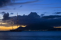 Silhouette of SY "Adele", 180 foot Hoek Design, ashore in Saint Kitts at sunset, 2006.  Non editorial uses must be cleared individually.