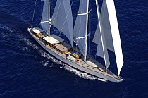 Aerial view of SY "Adele", 180 foot Hoek Design, underway off Huahine Island, French Polynesia, 2006.  Non editorial uses must be cleared individually.