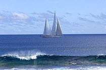 SY "Adele", 180 foot Hoek Design, underway close to the reef off Huahine Island, French Polynesia, 2006.  Non editorial uses must be cleared individually.
