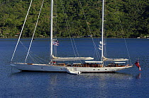 Aerial view of SY "Adele", 180 foot Hoek Design, anchored in French Polynesia, 2006.  Non editorial uses must be cleared individually.