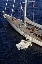 Aerial view of SY "Adele", 180 foot Hoek Design, anchored in French Polynesia, 2006.