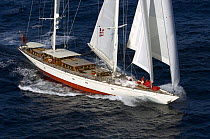 Aerial view of SY "Adele", 180 foot Hoek Design, underway off Bora Bora Island, French Polynesia, 2006.  Non editorial uses must be cleared individually.