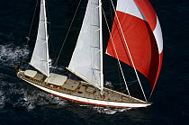Aerial view of SY "Adele", 180 foot Hoek Design, underway off Bora Bora Island, French Polynesia Non editorial uses must be cleared individually.
