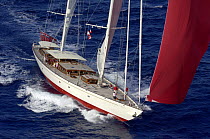 Aerial view of SY "Adele", 180 foot Hoek Design, underway off Bora Bora Island, French Polynesia Non editorial uses must be cleared individually.