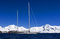 SY "Adele", 180 foot Hoek Design, motoring across McFarlane Sound past the snowy mountains on Livingston Island, Antarctica, January 2007 Non editorial uses must be cleared individually.
