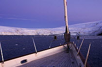 Evening light on the bow of SY "Adele", 180 foot Hoek Design, in Yankee Harbour, Antarctica, January 2007 Non editorial uses must be cleared individually.