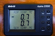 SY "Adele"'s digital air and sea temperature guage showing below freezing whilst exploring the Antarctic Peninsula, January 2007.