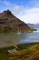 SY "Adele", 180 foot Hoek Design, anchored at King Edward Point, near the abandoned whaling station in Grytviken and the whalers cemetery where Shackleton was buried. South Georgia, February 2007