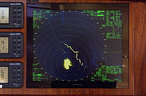 SY "Adele"'s radar shows nine icebergs about 30 miles north of South Georgia, February 2007