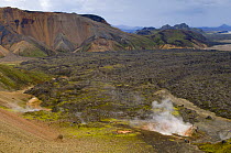 Lava field and hot springs in Landmannalaugar highlands, central Iceland