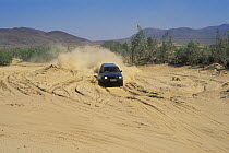 4X4 vehicle off-road driving over sand dunes, Kaokoland, Namib desert, Namibia