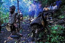 People gathered round an illegal rum alambic in a forest, East Madagascar